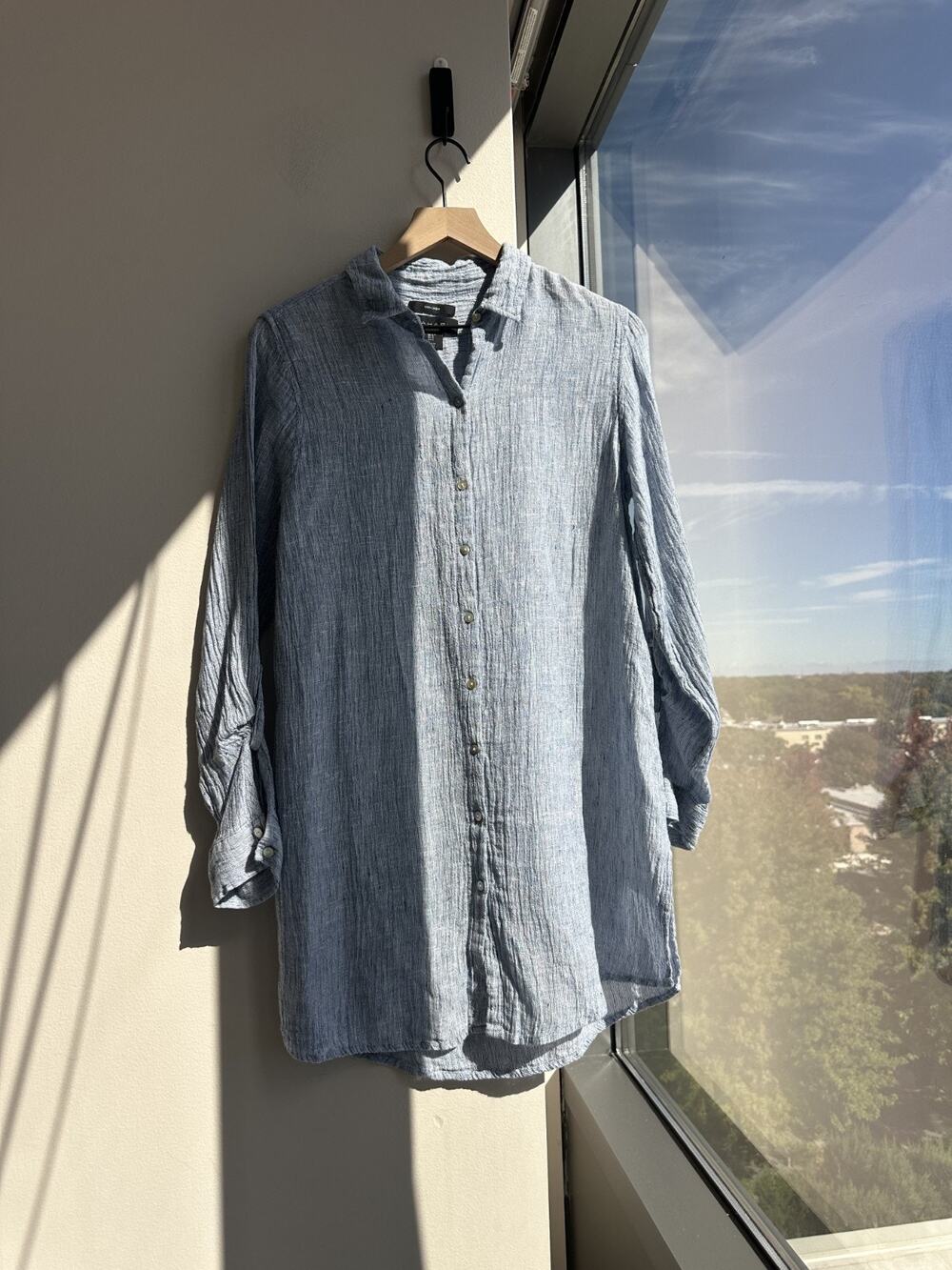 Tahari Crinkle Linen Heather Blue Coastal Breathable Long Sleeve Tunic Top Sz S